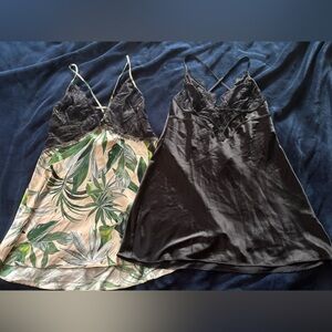Black and Leaf Print Satin Slip Nightgown Chemise Large VS Victoria’s Secret